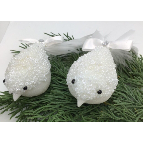 2 Songbirds White Glass Beaded Clip On Christmas Tree Ornaments Bright - Picture 6 of 8